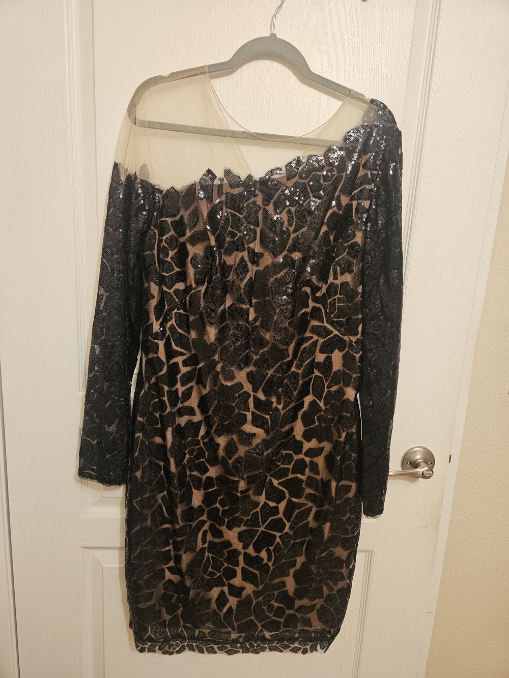 Tadashi Shoji Black Sequin Lace & Nude Illusion Long Sleeve Dress